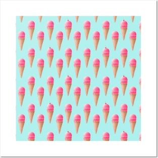 Strawberry Ice Cream Pattern - Blue Posters and Art